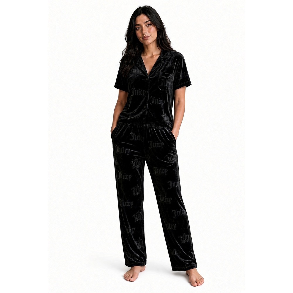 Juicy Couture Black Velour Pajama Set Embossed Logo Short Sleeve Pants Large